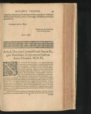 Acta & Decreta Commissionis Sacrae Regiae Maiestatis, Regiomonti habitae Anno Domini MDCIX.