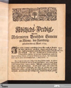 I. Abschieds-Predigt, Aus der Reformirten Deutschen Gemeine zu Altona.
