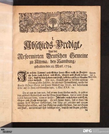 I. Abschieds-Predigt, Aus der Reformirten Deutschen Gemeine zu Altona.