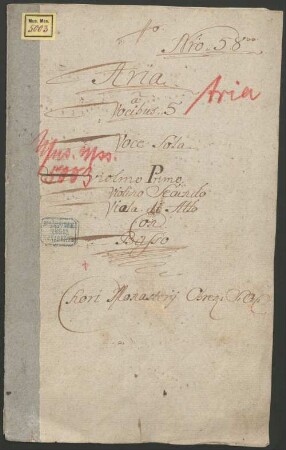 Artaserse, Excerpts, S, strings, ob, GraunWV B:1:8/28 - BSB Mus.ms. 5003 : [title page, vl 1:] Aria. // a // Vocibus 5 // Voce Sola // Violino Primo // Violino Secundo // Viola di Alto // Con // Basso