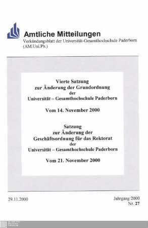 Vierte Satzung zur Änderung der Grundordnung der Universität - Gesamthochschule Paderborn : vom 14. November 2000