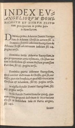 Index Evangeliorum Dominicalium Et Dierum Festorum praecipuorum in prima parte Homeliarum.