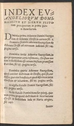 Index Evangeliorum Dominicalium Et Dierum Festorum praecipuorum in prima parte Homeliarum.