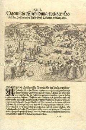 Wie die Holländer die Insel Groß-Canarien eroberten - Tafel 48 aus de Bry, Amerika II