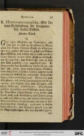 II. Hymnopoeographia, oder Lebens = Beschreibung der berühmtesten Lieder = Dichter. Fünfter Theil