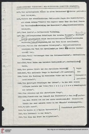 Chronologisches Verzeichnis der wichtigsten Schriften Solowjews