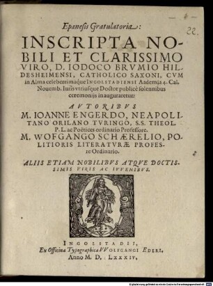 Epaenesis gratulatoria inscripta nobili et clarissimo viro D. Iodoco Brumio Hildesheimensi ... inauguraretur