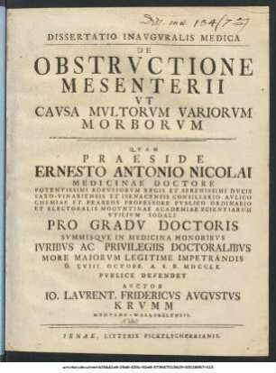 Dissertatio Inavgvralis Medica De Obstrvctione Mesenterii Vt Cavsa Mvltorvm Variorvm Morborvm