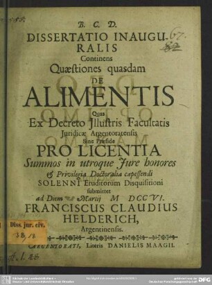 Dissertatio Inauguralis Continens Quaestiones quasdam De Alimentis