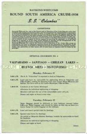 Ausflugsprogramm von der Südamerika-Rundreise auf der "Columbus" für eine zusätzliche Exkursion durch Chile, Argentinien und Uruguay (englisch) - Nachlass