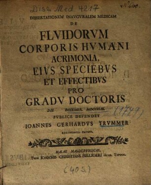 Dissertationem Inavgvralem Medicam De Flvidorvm Corporis Hvmani Acrimonia, Eivs Speciebvs Et Effectibvs