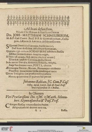 Ad beatè defunctum, Virum Clarissimum & Excellentissimum Dn. Joh. Matthiam Schneuberum, [...]