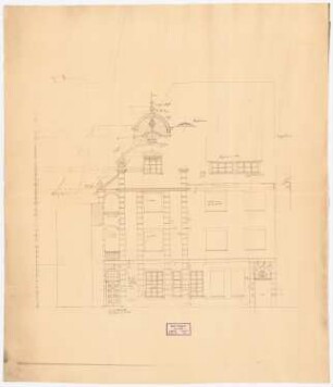 Mehrfamilienwohnhaus am Burgtor, Lübeck. Mit Bierlokal, Biergarten, Kegelbahn etc.: Aufriss der Vorderansicht, (unvollständig); Details (ohne Maßstab): Vertikalschnitte durch Gesims und Regenrinne