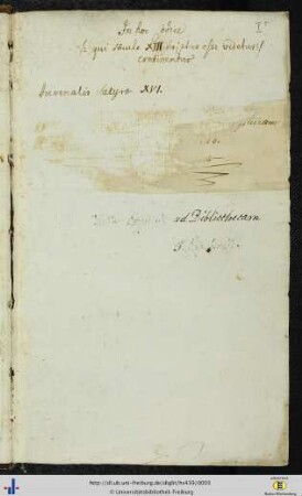 [Vorderes Schutzblatt] Ausradierter Besitzvermerk des 18. Jhs.; Inhaltshinweise des 19. Jhs.