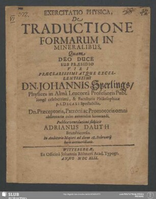 Exercitatio Physica, De Traductione Formarum In Mineralibus
