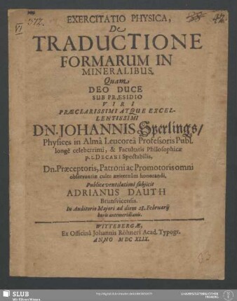 Exercitatio Physica, De Traductione Formarum In Mineralibus