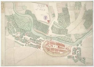 Plan von Laun in Böhmen, kolorierte Handzeichnung, um 1750? : Plan von Laun. - [S.l.] , [um 1750?]. - 1 Kt. : kol. Handzeichng. ; 44 x 32 cm. Titelkartusche oben Mitte
