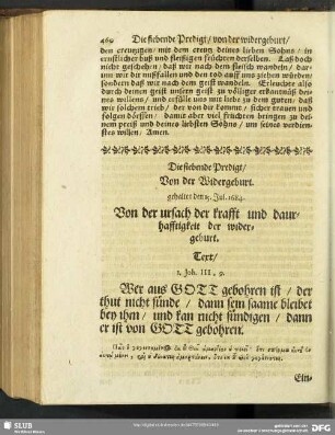 Die siebende Predigt, Von der Widergeburt. gehalten den 15. Jul. 1684. Von der ursach der krafft und daurhafftigkeit der widergeburt