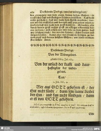 Die siebende Predigt, Von der Widergeburt. gehalten den 15. Jul. 1684. Von der ursach der krafft und daurhafftigkeit der widergeburt