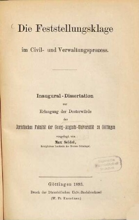 Die Feststellungsklage im Civil- und Verwaltungsprozeß