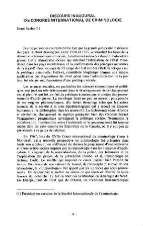 9-15, Discours inaugural IXe Congrès international de criminologie