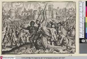 [Mit zahlreichen Booten anlandend stürmen Soldaten eine an der Küste gelegene Stadt]