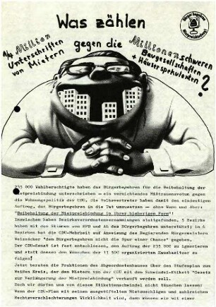 Flugschrift: Was zählen 1/4 Million Unterschriften von Mietern gegen die Millionenschweren Baugesellschaften + Häuserspekulanten? 1982
