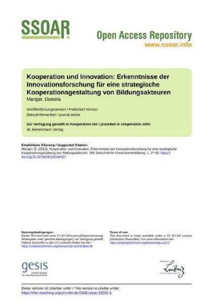 Kooperation und Innovation: Erkenntnisse der Innovationsforschung für eine strategische Kooperationsgestaltung von Bildungsakteuren