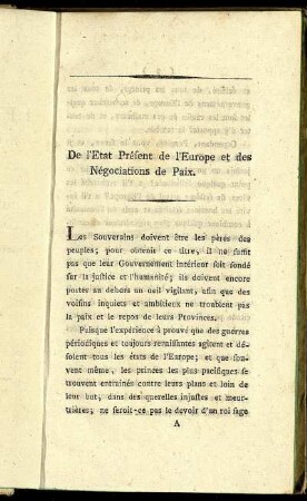 De l'Etat Présent de l'Europe et des Négociations de Paix.