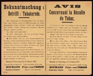 "Bekanntmachung: Betrifft: Tabakernte." (Bekanntgabe der Beschlagnahmung der Tabakernte) (No. 354)