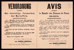 "Verordnung betreffend das vorzeitige Ausmachen der Kartoffeln"