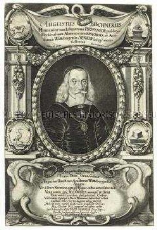 Bildnis des Philologen und Dichters August Buchner in ovalem Rahmen, gerahmt von einer Architekturkulisse mit Medaillons, Blumengirlanden und Schwänen