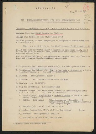 Stadttheater, Bielitz: Fragebogen für das Handbuch »Das Deutsche Theater«, vierseitiges Dokument