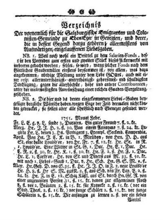 Verzeichnis von eingelauffenen Liebsgaben.