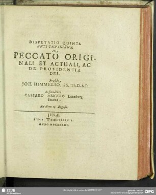 Disputatio Quinta Anti-Calviniana, De Peccato Originali Et Actuali, Ac De Providentia Dei