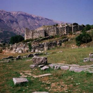 Dodona. Zeus-Heiligtum. Im Gelände der Tempel vor der Mauernfolge von Buleuterion und Theateranlage
