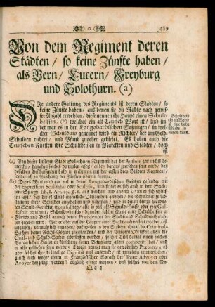 Von dem Regiment deren Städten / so keine Zünfte haben / als Bern / Lucern / Freyburg und Solothurn