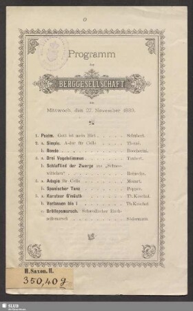 Programm der Berggesellschaft am Mittwoch, den 27. November 1889