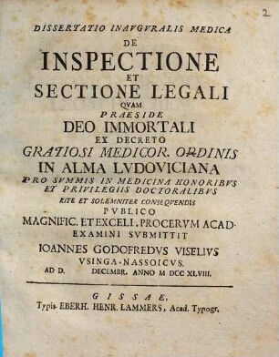 Dissertatio Inavgvralis Medica De Inspectione Et Sectione Legali