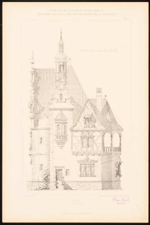 Villa: Ansicht Westseite (aus: C. Schäfer, Die Bauhütte, Entwürfe im Stile des Mittelalters, 3. Bd., 1895, Blatt 54)