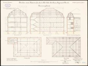 Artilleriekaserne II/27, Wiesbaden: Kammergebäude: Grundriss Dachgeschoss, Sparrenlage, Längsschnitt, Querschnitt 1:100