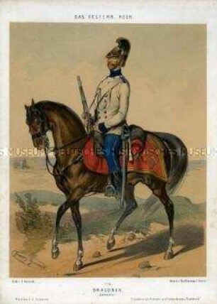 Uniformdarstellung, Gemeiner des Dragoner-Regiments zu Pferd, Österreich, 1848/1854. Tafel 128 aus: Gerasch: Das Oesterreichische Heer.