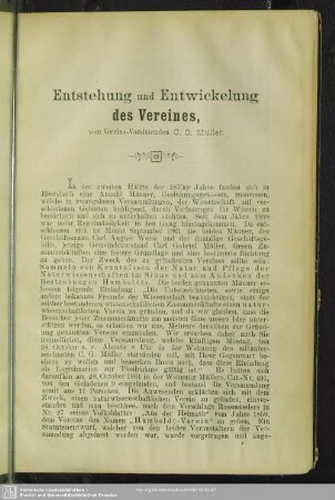 Entstehung und Entwickelung des Vereines
