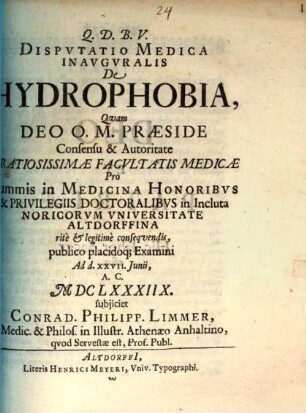 Disp. med. inaug. de hydrophobia