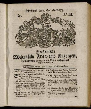No. XVIII. Dienstags, den 2. May, Anno 1775. - No. XXIV. Dienstags, den 13. Junii, Anno 1775.