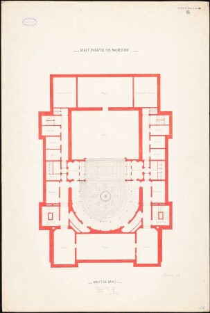 Stadttheater, Magdeburg: Grundriss 3. Rang 1:100, mit Einzeichnung der Decke über dem Zuschauerraum