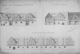 Zeughaus, Alte Fassade, Aufrisse und Schnitt : Dresden, Kurfürstliches Zeughaus, Alte Fassade (seit 1887 Albertinum). Aufrisse und Schnitt durch den Hof vor dem Umbau 1742/1747. Graphit, Pinsel in Wasserfarbe/Papier. 45,1 x 65 cm.beschnitten. Bez.: "alte Facade von der Seite nachn ZeugHoffe gegen den Pulver Thurn zu" - "altes Profil, wie es itzo stehet" - "alte Facade von der Seite gegen die Stadt.", "D" Maßstab mit Maßeinheit Ellen.