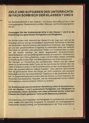 Ziele und Aufgaben des Unterrichts im Fach Sorbisch der Klassen 7 und 8