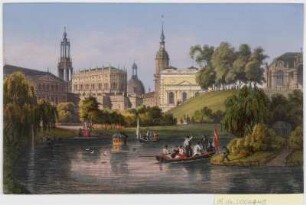 Ansicht der Gegend hinter dem Zwinger, gouachierte Lithographie, um 1860 : Dresden : Partie am Zwingerwall. - [Dresden] : E. Müller , [um 1860]. - 1 Kunstblatt : gouachierte Lithogr. ; 17 x 11 cm