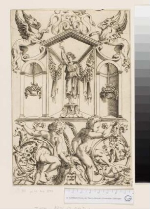 Ornament mit Tempel (Ceres mit Sichel?), zwei Greifen